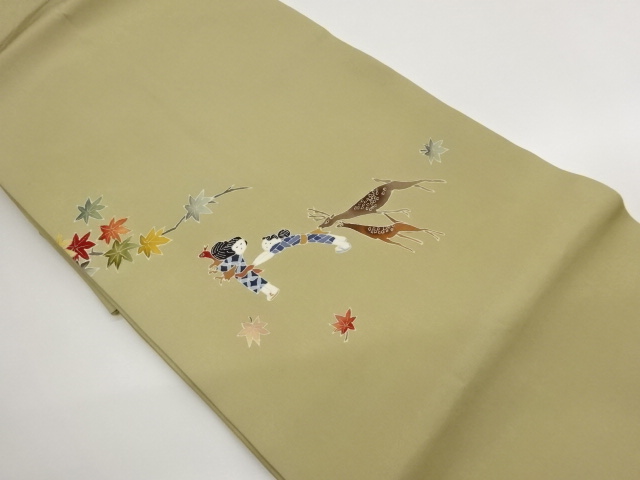 塩瀬　金彩　鹿に童子・紅葉模様名古屋帯